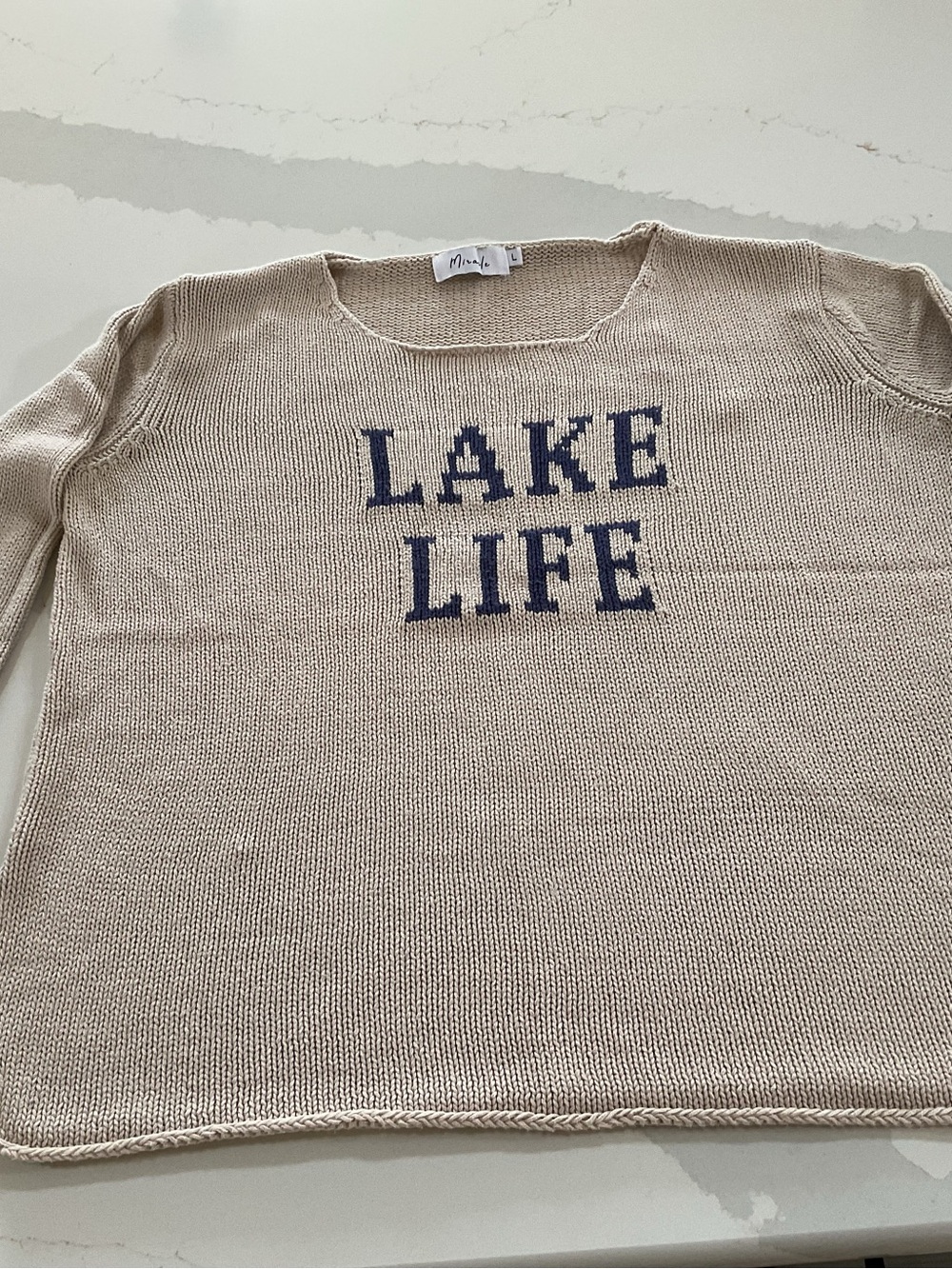 Miracle beige knit 'LAKE LIFE' crewneck sweater with navy lettering